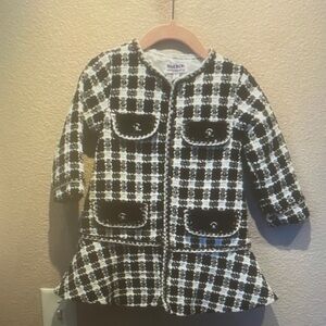 Girls Black & White Plaid Tweed Peplum Coat